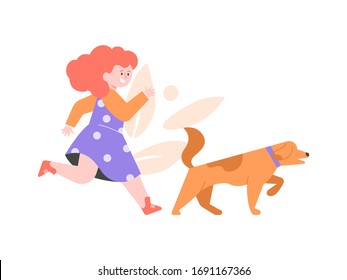 Little girl walking a dog. The child and her pet. Vector flat illustration.