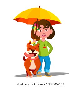 Little Girl Walking A Dog Under Umbrella In The Rain Vector. Isolated Illustration