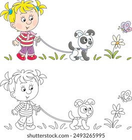 Little girl walking with a funny small puppy and watching a merry butterfly fluttering over a flower in a park, color and black and white outline vector cartoon illustrations