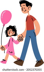 Little girl walking with her dad flat vector illustration