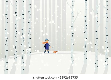 little girl walking with her dog in the snow forest illustration background