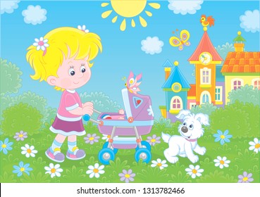 Little girl walking with her toy baby buggy and a small puppy in a park of a town on a sunny summer day, vector illustration in a cartoon style