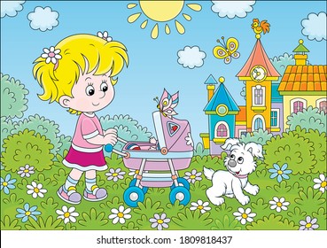 Little girl walking with her toy baby buggy and a small puppy in a park of a town on a sunny summer day, vector cartoon illustration