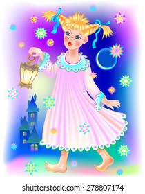 Little girl walking at night, vector cartoon image