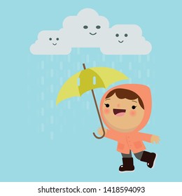 A little girl walking on an umbrella on a rainy day Vector illustration