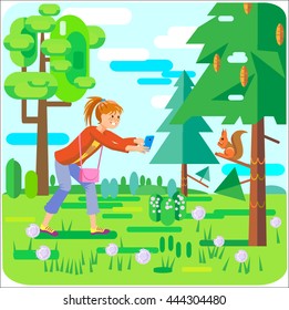Little girl walking in park and taking pictures on smartpfone.Vecrtor illustration