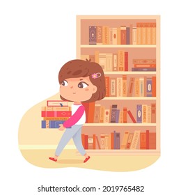 Little girl walking with pile of books in school library. Happy clever kid learning fun activity vector illustration. Pupil studying, bookshelf with shelves in background. Education and leisure.