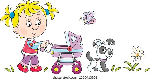 Little girl walking and playing with her toy baby stroller and a funny small puppy, vector cartoon illustration on a white background