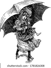 Little Girl walking in rain with her baby doll and holding umbrella against the direction of the rain to protect herself from the rain drops, vintage line drawing or engraving illustration.