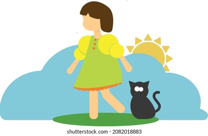 Little girl is walking  in spring day with a cat.Little girl illustration with black cat for web and mobile.