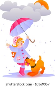 The little girl walks with a red dog under a rain