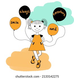 A little girl walks smiling with balloons in doodle style. Happy childhood concept, a poster calling for the preservation of mental health
