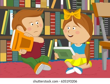 Little girl wants to exchange books but the boy is against it sitting on floor in library