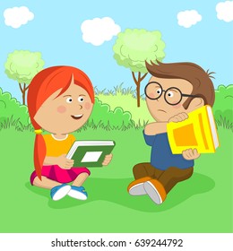Little girl wants to exchange books but the boy is against it sitting on meadow