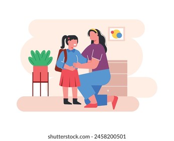 La niña quiere ir a la escuela por la mañana, con su madre. Diseño de personajes. Ilustración plana de Vector