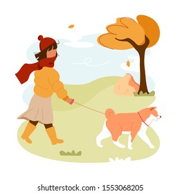 Little girl in warm clothes walking dog on leash in autumn park. Flat modern trendy style. Vector illustration character icon. Isolated on white background. Kid walking with akita inu.