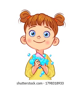 Little Girl Washes Her Hands With Soap. Children's Educational Illustration About Personal Hygiene, Disease Prevention And Health Care. Hand Washing Kids Character.