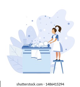Little Girl Washing Dishes Stands on Stool. Daughter Helps Parents. Side View Illustration. Cartoon Child Character Doing Daily Duties. Housework Chores at Home. Lots Of Bubbles and Foliage Design