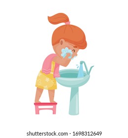 Little Girl Washing Her Face Standing on Stool in Front of Sink Vector Illustration