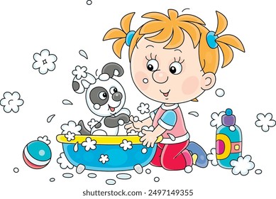 Little girl washing her merry puppy in a bubble bath, vector cartoon illustration isolated on a white background