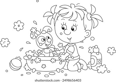 Little girl washing her merry puppy in a bubble bath, black and white outline vector cartoon illustration for a coloring book