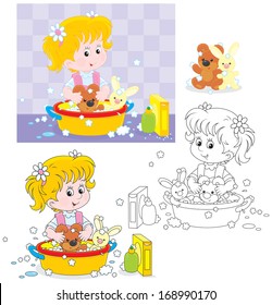 Little girl washing her toy bear and rabbit in a basin