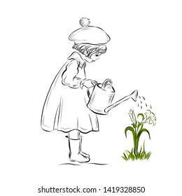 Little girl watering bouquet of lilies growing on the ground in the garden. Young gardener. Lady dressed in dress, cap, rubber boots holds watering can with water. Coloring page.
