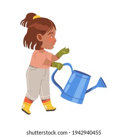Little Girl with Watering Can Engaged in Planting and Gardening Work Vector Illustration