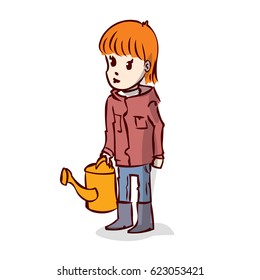 Little girl with a watering can. Hand drawn cartoon vector illustration.