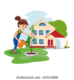 Little girl with a watering can water a young tree. Girl on the background of the house. Cute vector illustration.