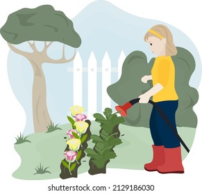 little girl watering flowers in the garden