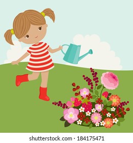 Little girl watering the flowers outdoor