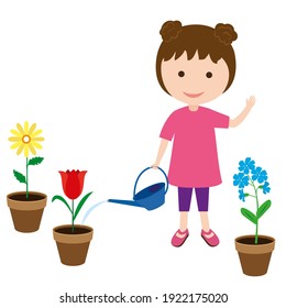 Little girl watering flowers in pots. Vector illustration.