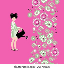 Little girl watering flowers. Seamless background pattern. Vector illustration