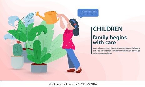 A little girl watering indoor flowers with a watering can, banner and website design concept, vector flat illustration