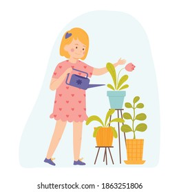 Little girl is watering indoor plants. Vector illustration for banners, posters, postcard. Cartoon style character.