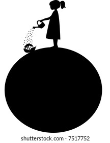 Little girl watering the last flower on earth - vector.