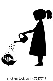 Little girl watering a limp flower - vector.