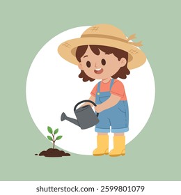 Little girl watering a small plant. Vector illustration symbolizes gardening, nature care, and environmental awareness. Earth Day, springtime.