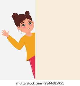 Little girl waving behind a empty stand. Template for your own text. 