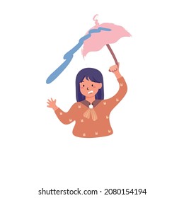 Little girl waving hand under the umbrella.  Creative child fantasy concept. Flat vector illustration