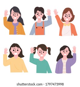 Little girl waving hands flat vector illustrations set. Set of Smiling children waving their hands in greeting. Collection of kids, girls raising hands. Vector illustration in flat cartoon style.