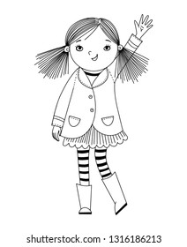 Little girl is waving her hand. Black and white illustration for coloring book. Vector outline illustration