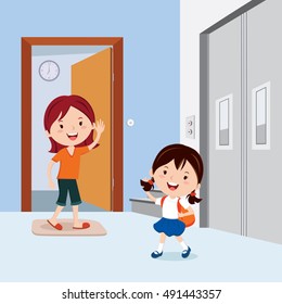 Little girl waving to her mother before leaving to school