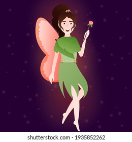 Little girl waving magical wand, colourful fairy flying in cartoon style on dark background, fantasy world creature for books or games