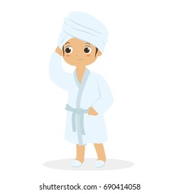 little girl wearing bathrobe and bath slippers, cartoon vector illustration