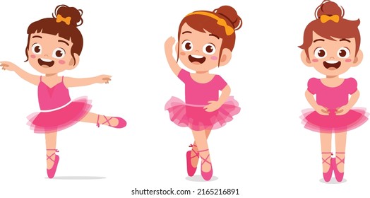 Little girl wearing beautiful ballerina costume and dance vector, smiling little boy enjoying dancing. Colorful vector illustration in flat cartoon style.