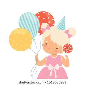 Little Girl Wearing Birthday Hat Carrying Candy and Bunch of Balloons Vector Illustration