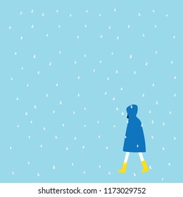 Little girl wearing blue raincoat and boots walking under the rain.