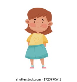 Little Girl Wearing Blue Skirt Smiling Showing Happy Expression on Her Face Vector Illustration